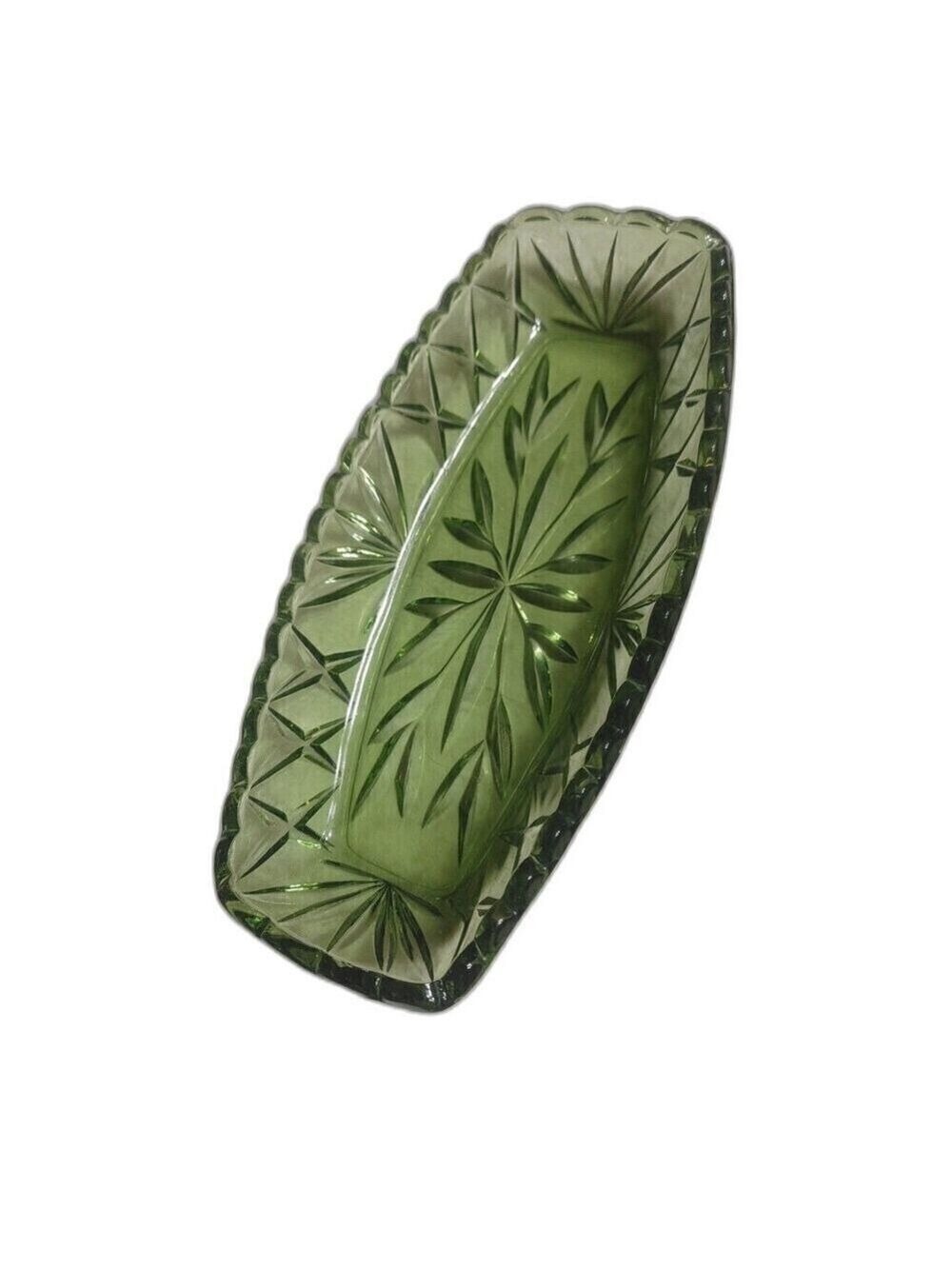 Vintage 1960s Hazel Atlas Green Glass Celery Relish Dish Serving Dish (2 chips)